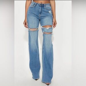 Fashion Nova Blue Ripped Boot Cut Jeans Tall